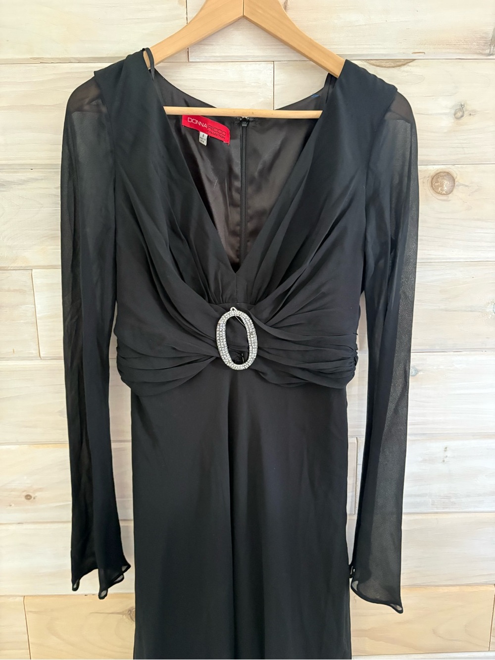 Donna Ricco Black Long-Sleeve Evening Dress with Rhinestone Accent